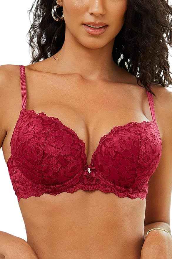 Wine Lace Underwired Heavily Padded Push-Up Bra