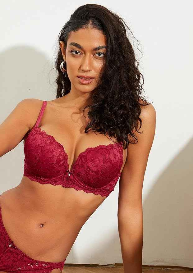 Wine Lace Underwired Heavily Padded Push-Up Bra