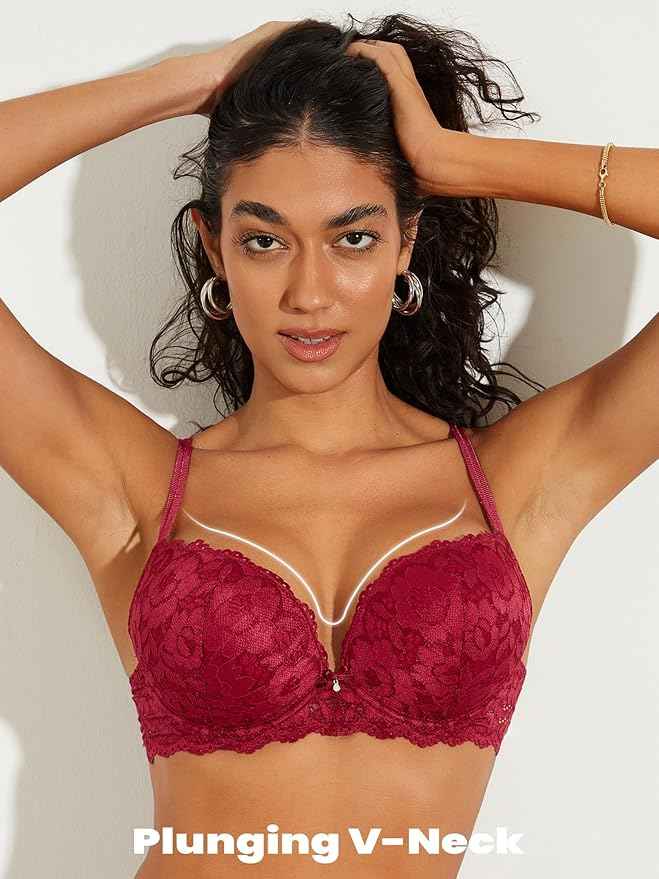 Wine Lace Underwired Heavily Padded Push-Up Bra