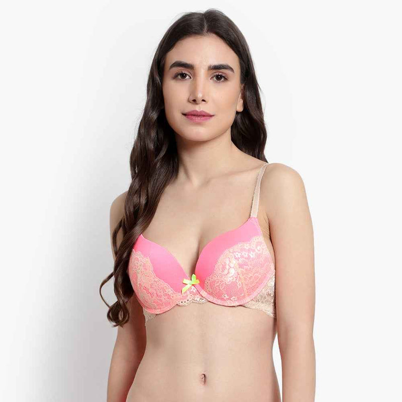 Women's Peach Self Design Underwired Heavily Padded Push-Up Plunge Bra
