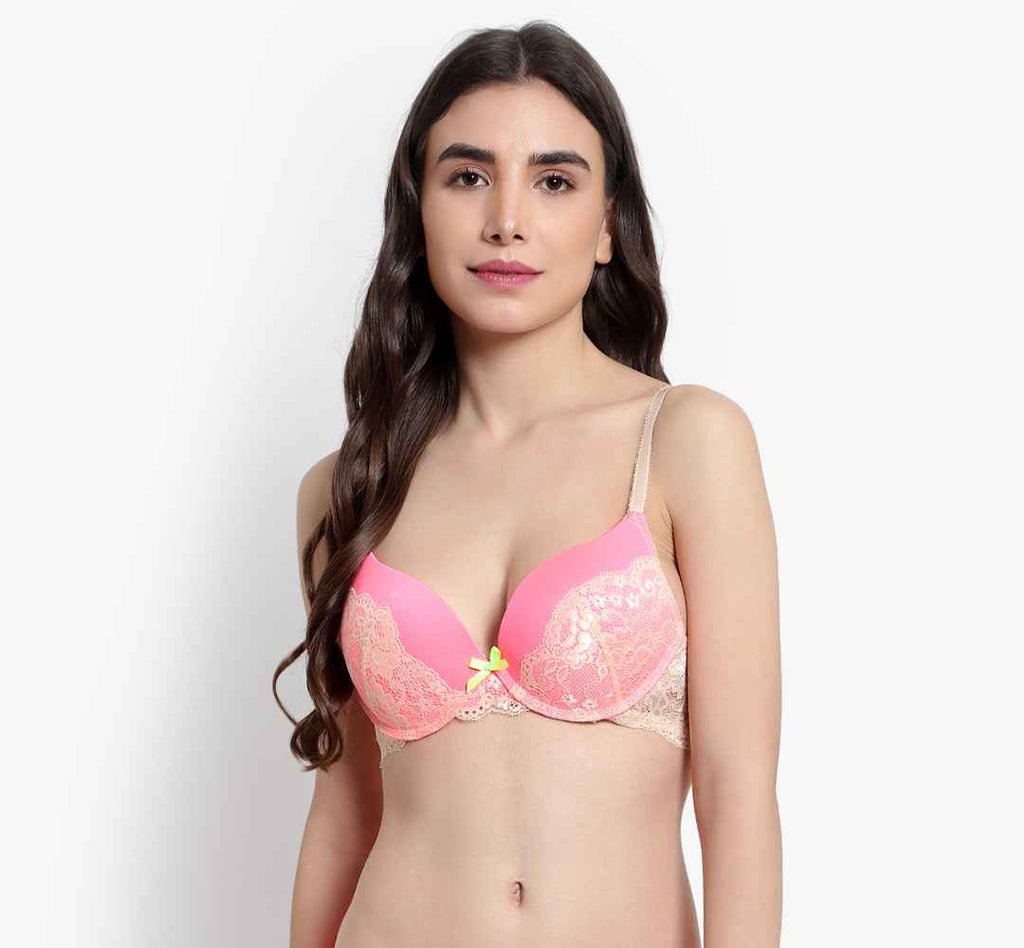 Women's Peach Self Design Underwired Heavily Padded Push-Up Plunge Bra