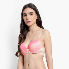 Women's Peach Self Design Underwired Heavily Padded Push-Up Plunge Bra