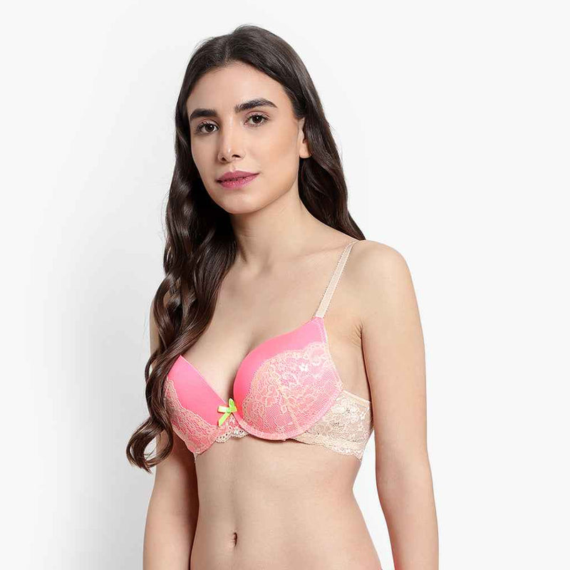 Women's Peach Self Design Underwired Heavily Padded Push-Up Plunge Bra