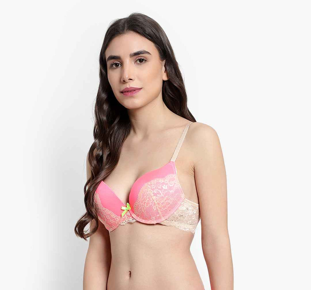 Women's Peach Self Design Underwired Heavily Padded Push-Up Plunge Bra