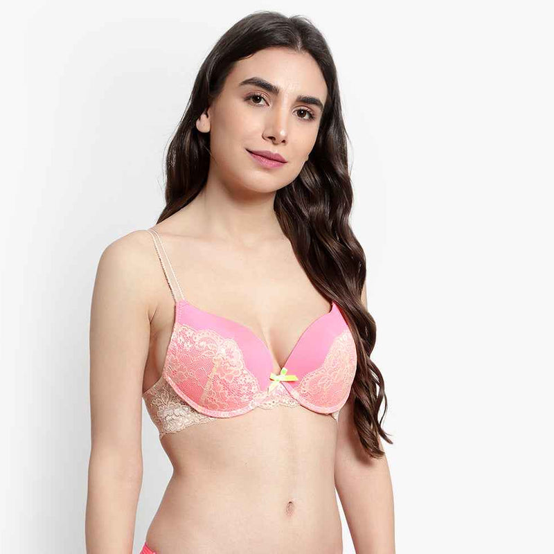 Women's Peach Self Design Underwired Heavily Padded Push-Up Plunge Bra