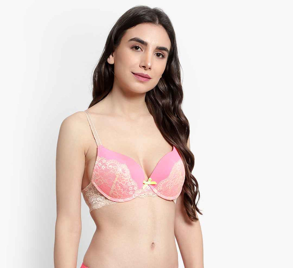 Women's Peach Self Design Underwired Heavily Padded Push-Up Plunge Bra