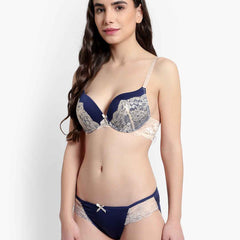 Women's Blue Self Design Underwired Heavily Padded Push-Up Plunge Bra