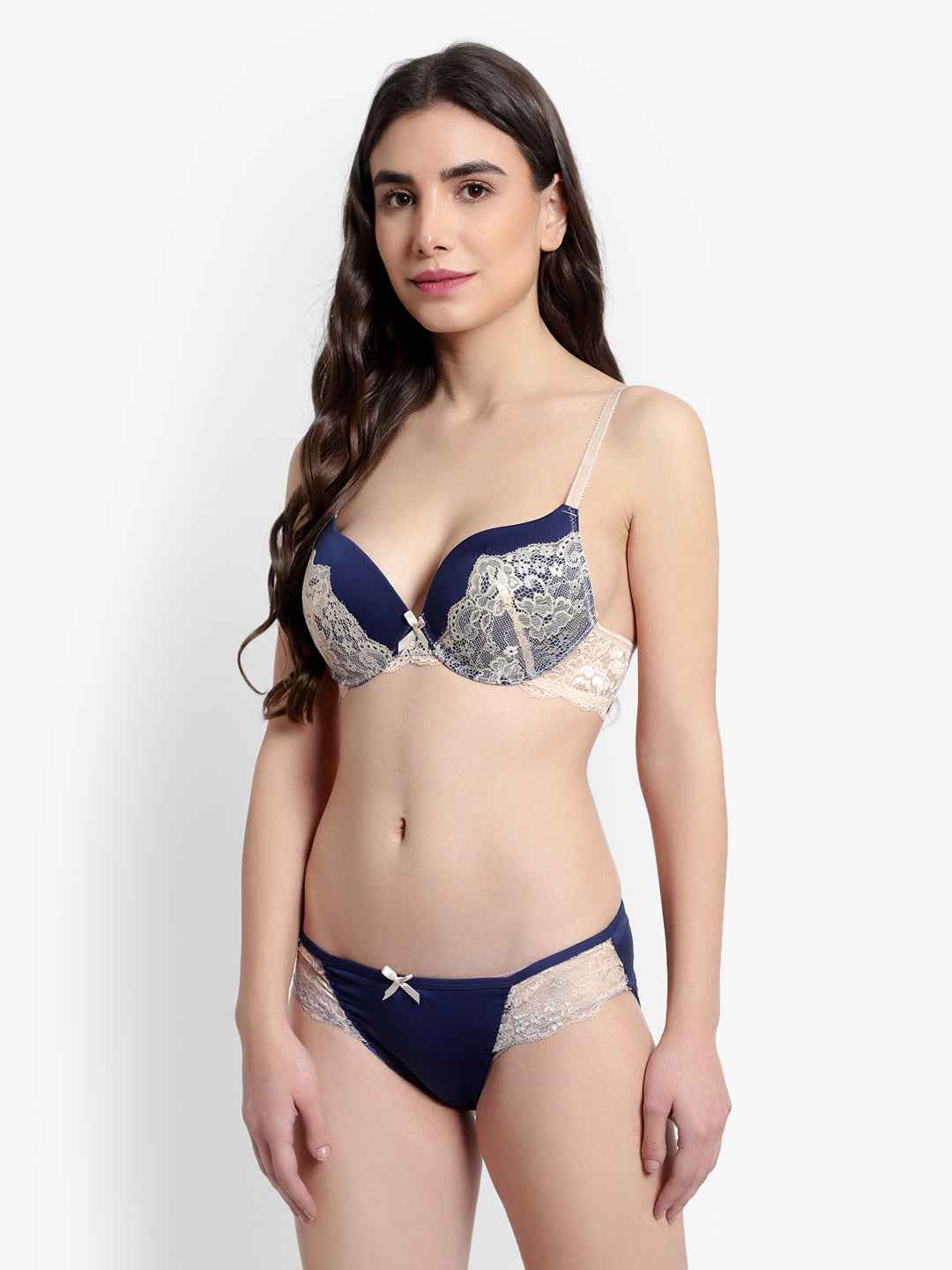 Women's Blue Self Design Underwired Heavily Padded Push-Up Plunge Bra