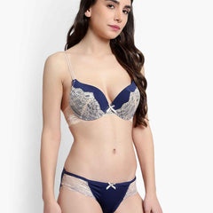 Women's Blue Self Design Underwired Heavily Padded Push-Up Plunge Bra