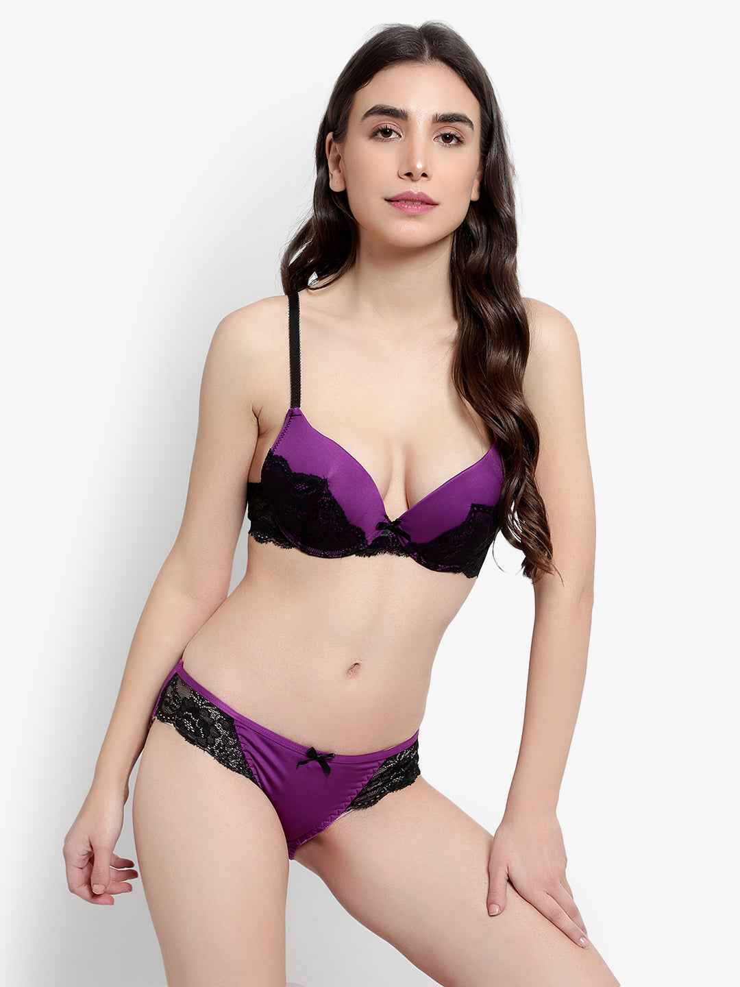 Women's Purple Self Design Underwired Heavily Padded Push-Up Plunge Bra