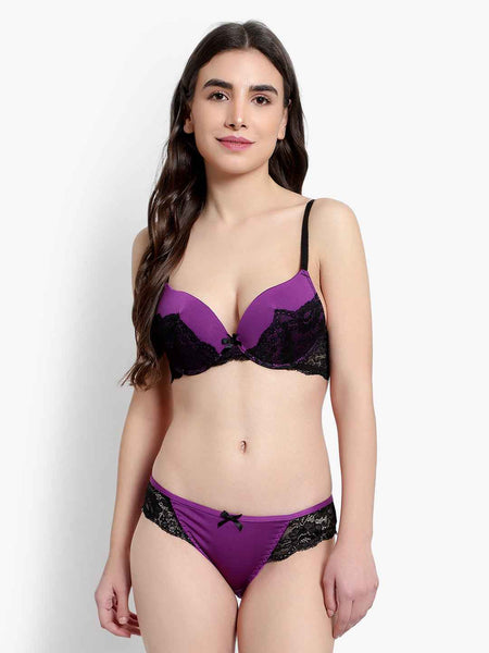 Women's Purple Self Design Underwired Heavily Padded Push-Up Plunge Bra