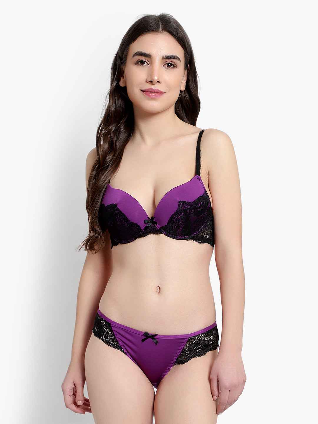 Women's Purple Self Design Underwired Heavily Padded Push-Up Plunge Bra