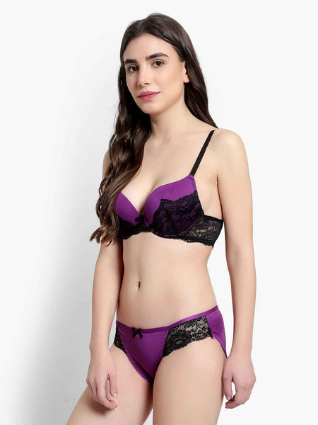 Women's Purple Self Design Underwired Heavily Padded Push-Up Plunge Bra