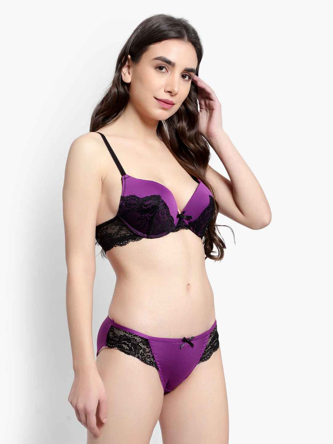 Women's Purple Self Design Underwired Heavily Padded Push-Up Plunge Bra