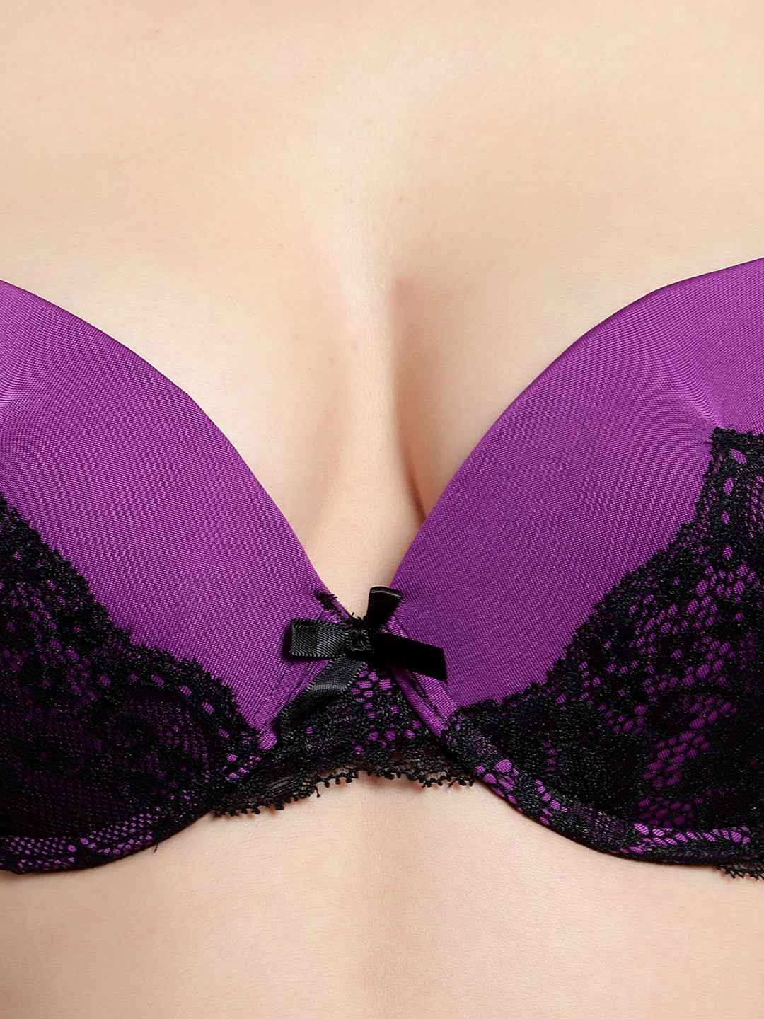 Women's Purple Self Design Underwired Heavily Padded Push-Up Plunge Bra