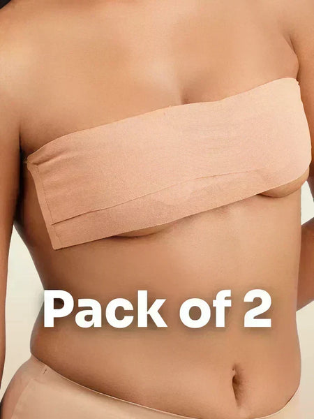 Beige boob tape worn by a person with text 'Pack of 2' on a beige background