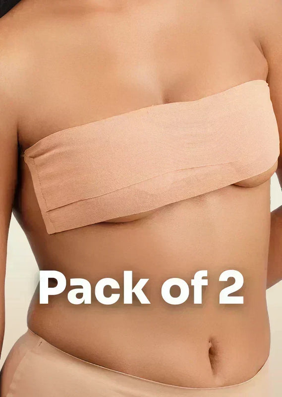 Beige boob tape worn by a person with text 'Pack of 2' on a beige background