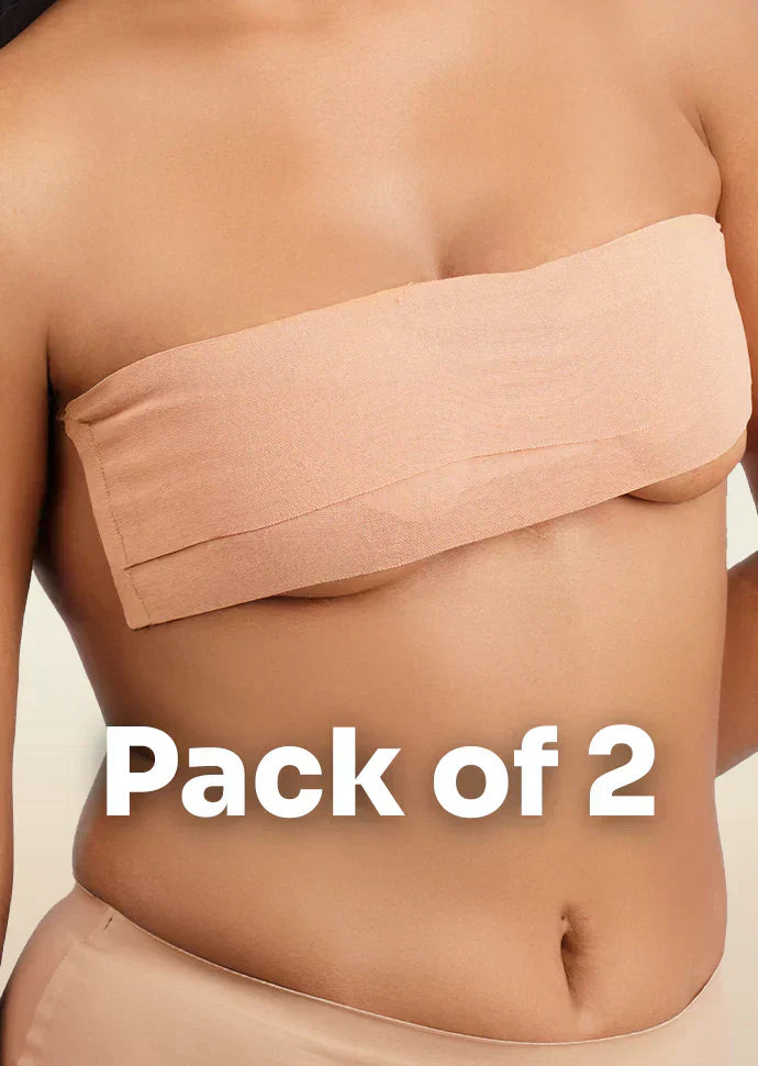 Beige boob tape worn by a person with text 'Pack of 2' on a beige background