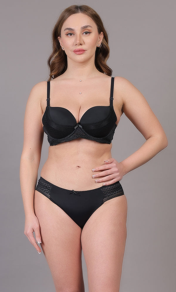 Women Black Heavliy Padded Underwired Lace Lingerie Bra & Panty Set