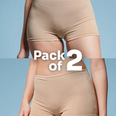 A two-panel collage of a beige boyshorts with a 