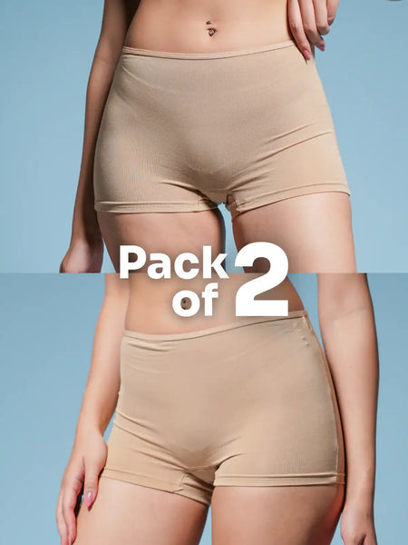 A two-panel collage of a beige boyshorts with a 