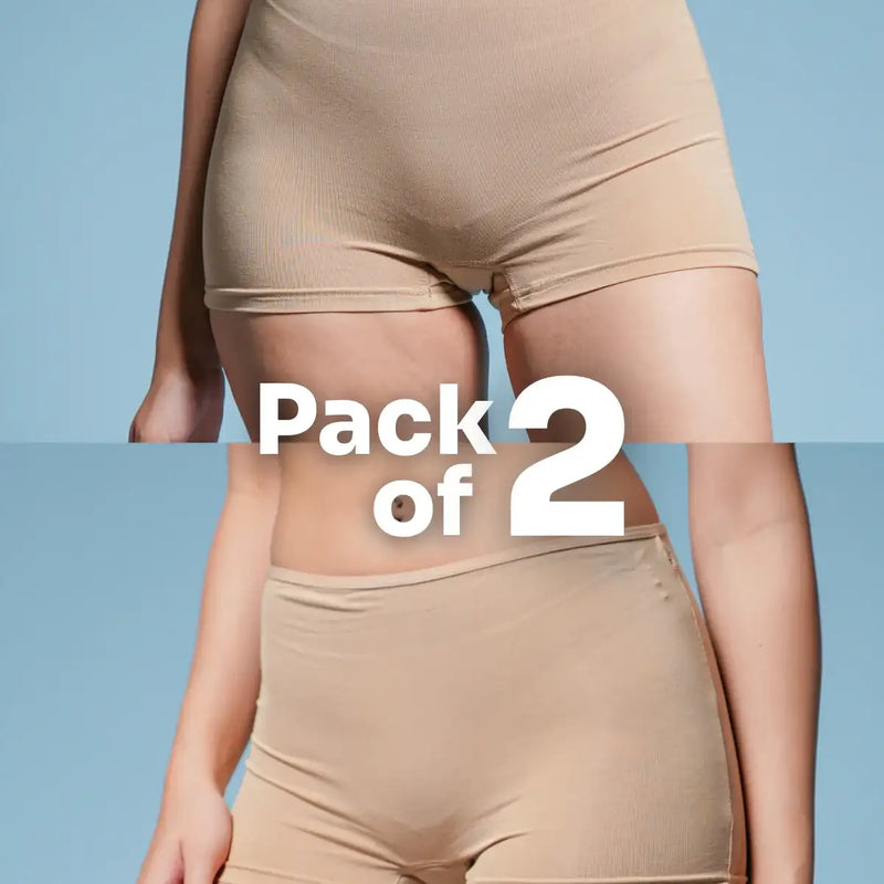 A two-panel collage of a beige boyshorts with a 
