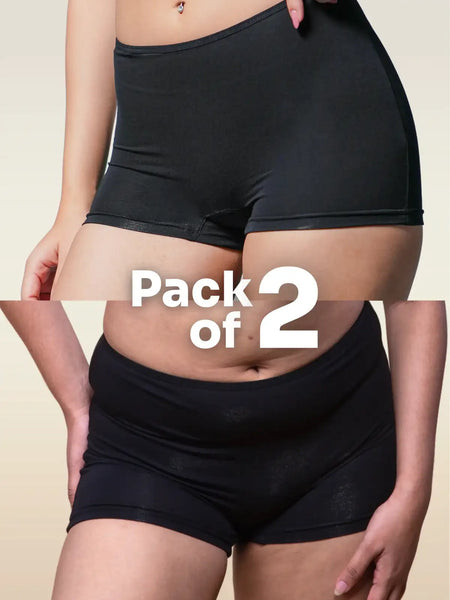Two pairs of black boyshorts displayed side by side with 'Pack of 2' text.