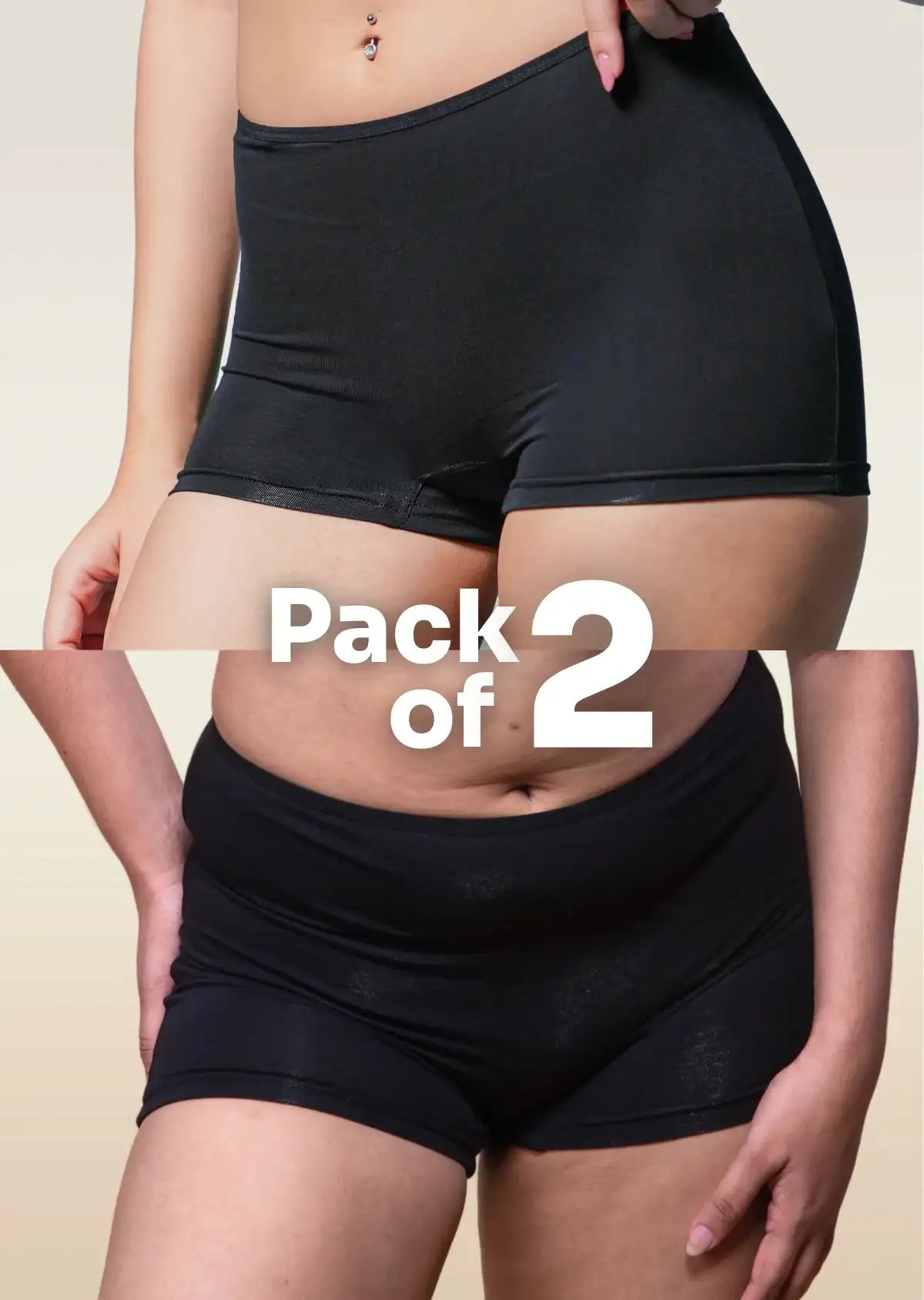 Two pairs of black boyshorts displayed side by side with 'Pack of 2' text.