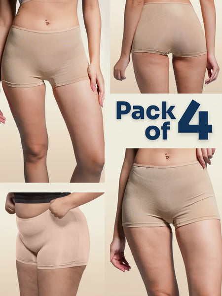 four-panel collage of beige boyshorts with a Pack of 4 text overlay on a beige background