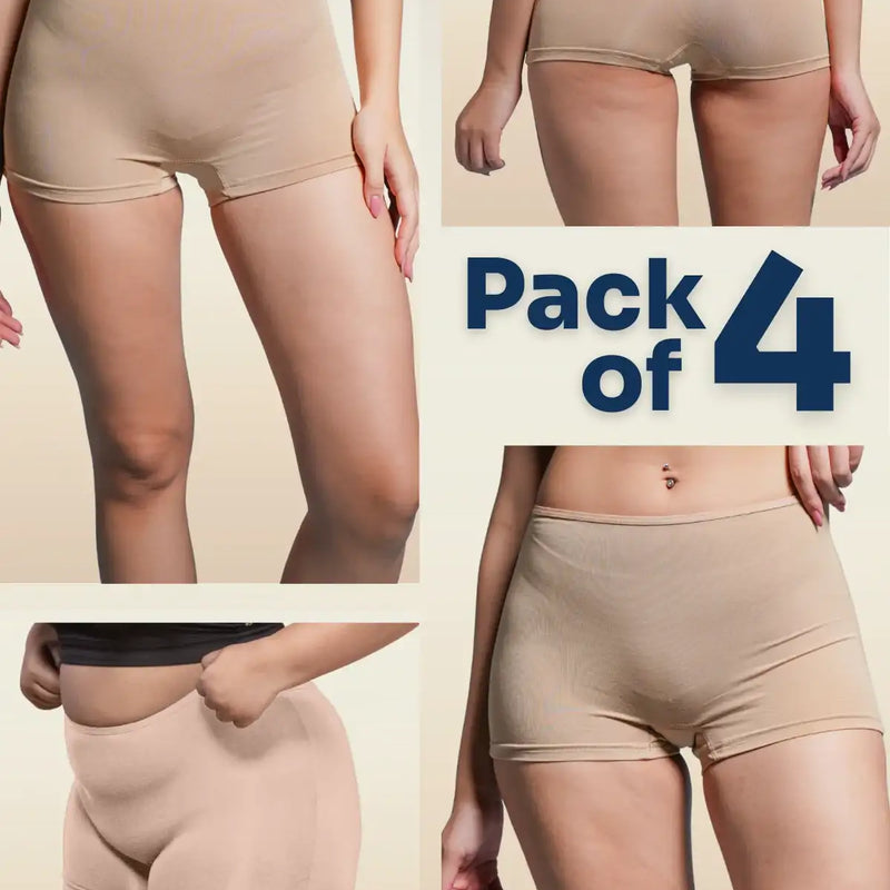 four-panel collage of beige boyshorts with a Pack of 4 text overlay on a beige background