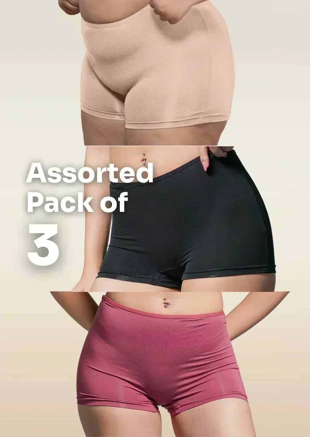 Assorted pack of three pairs of shorts in beige, black, and red on a beige background.