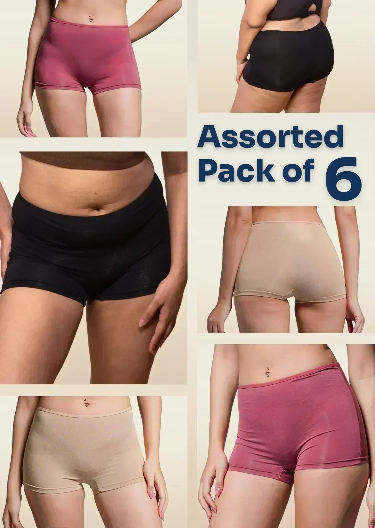 Assorted pack of 6 pairs of women's boyshort underwear in various colors.