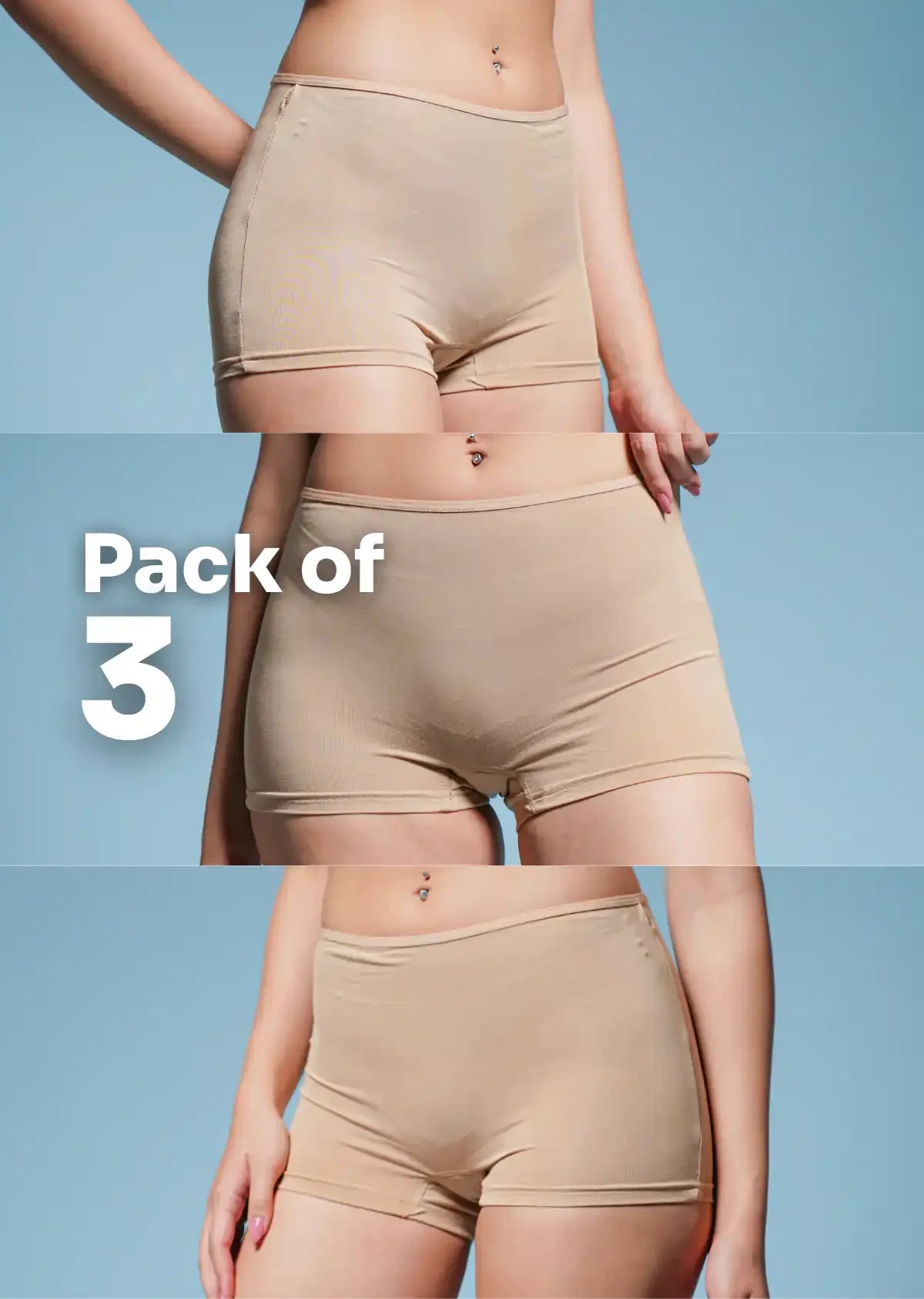 Pack of three beige boyshorts on a blue background with text 'Pack of 3'.