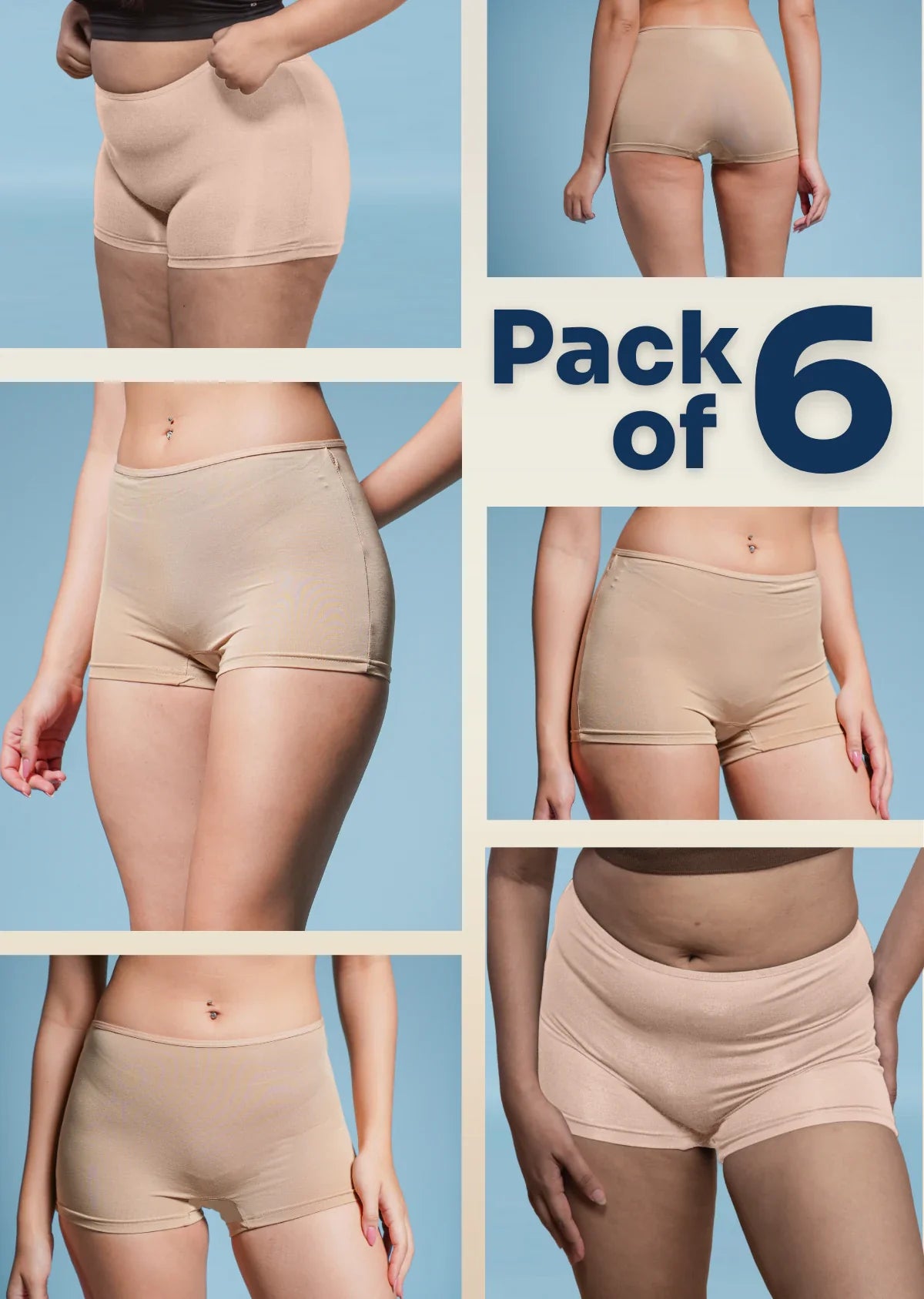 Pack of 6 beige boyshorts displayed on a model against a blue background.