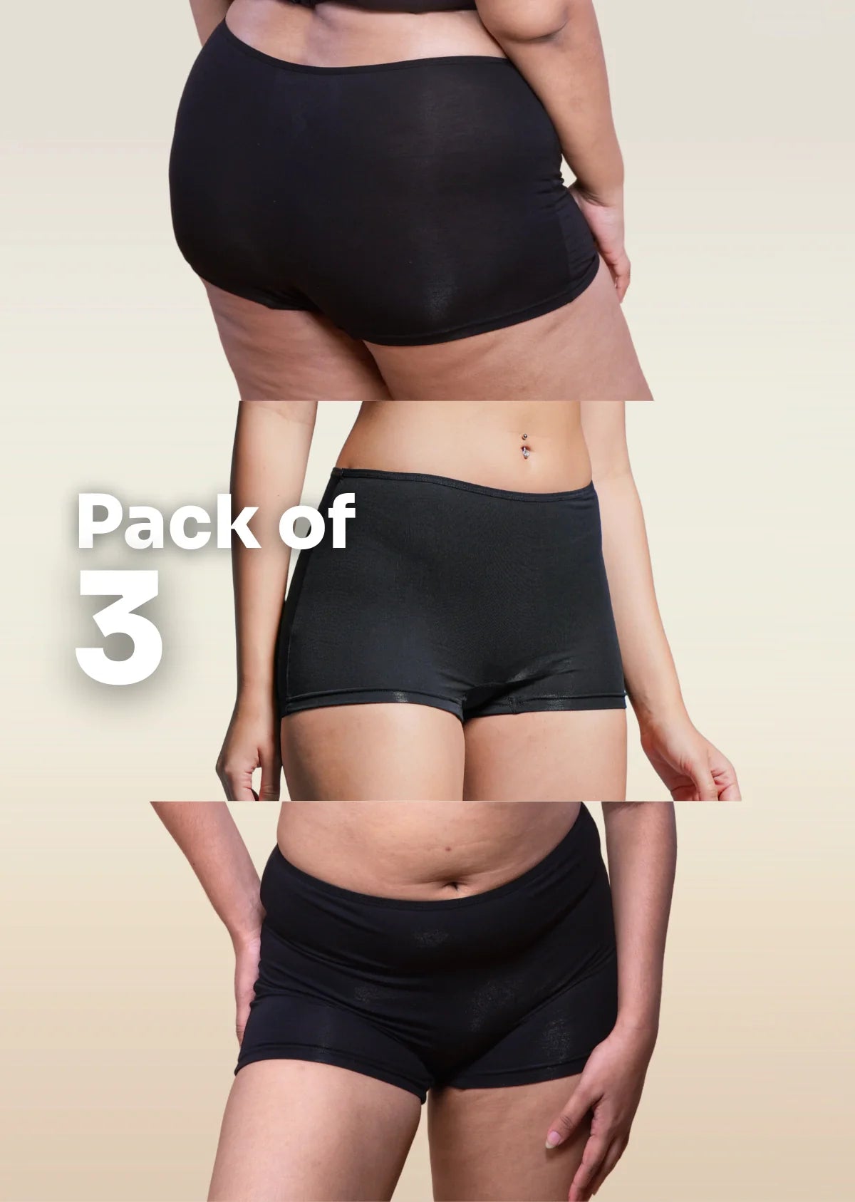 Vertical three-panel collage showing boyshorts with a "Pack of 3" text overlay on a beige background