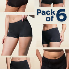 Collage of black boyshorts with 'Pack of 6' text on a beige background