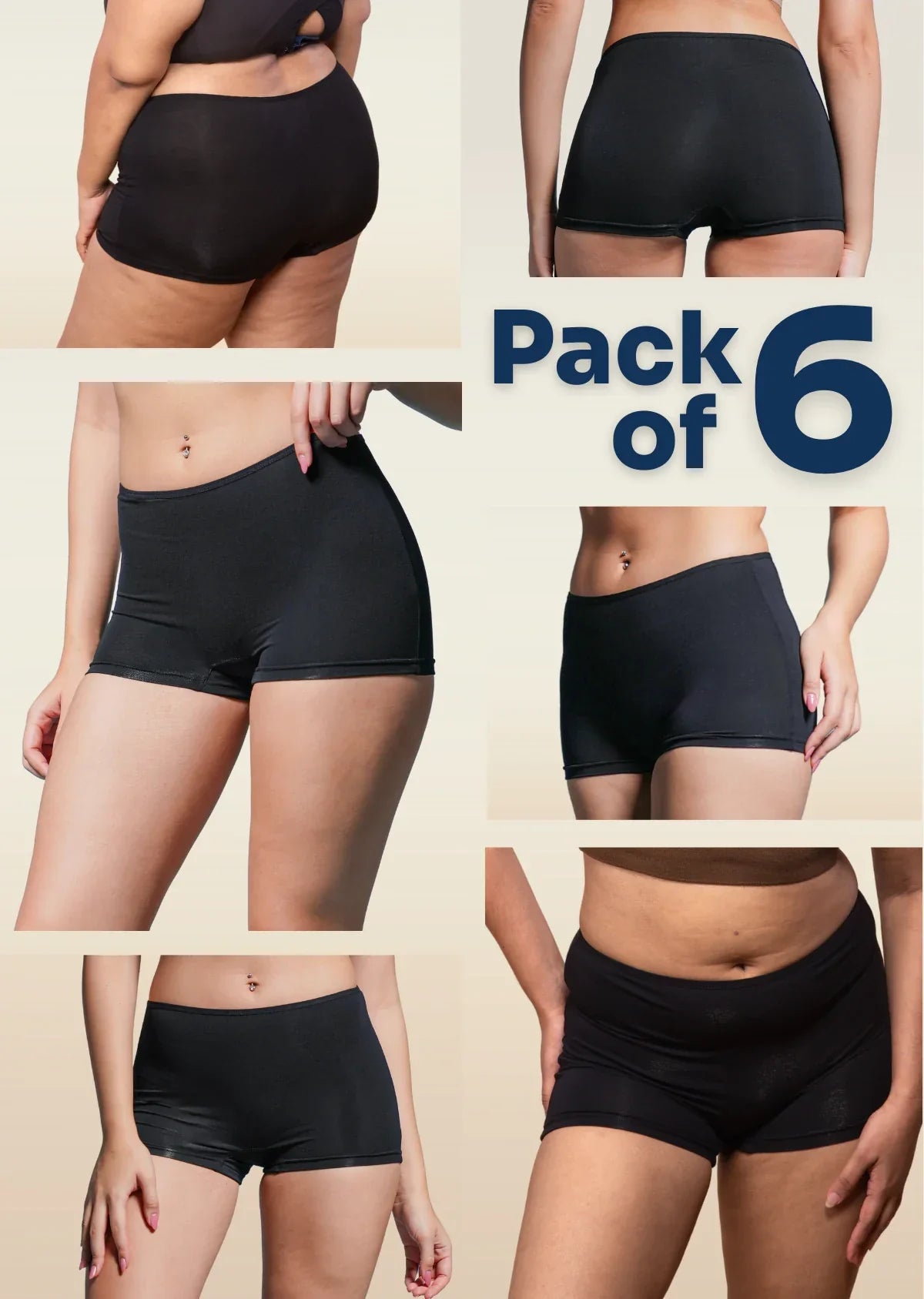 Collage of black boyshorts with 'Pack of 6' text on a beige background