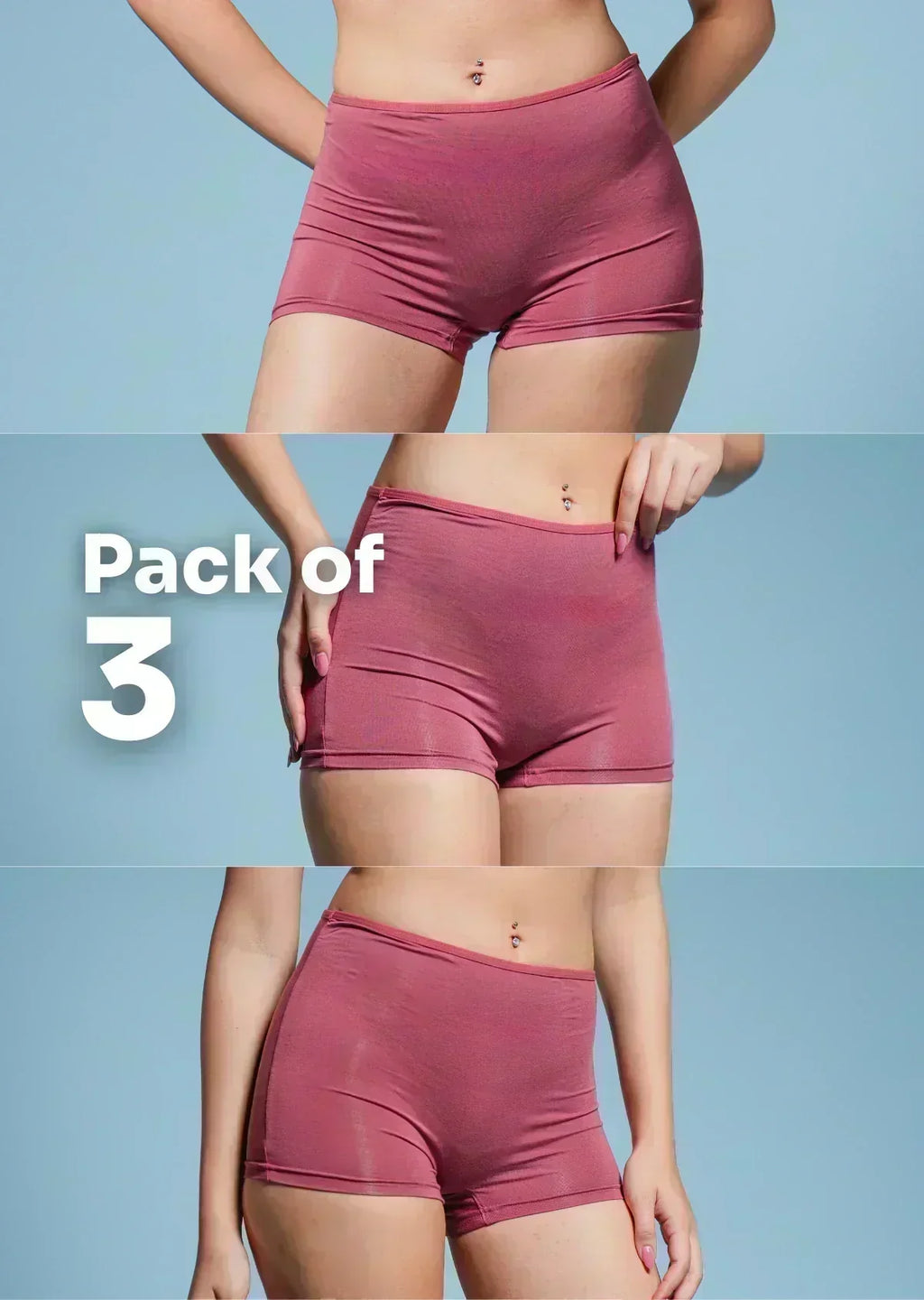 Vertical three-panel collage showing red boyshorts on a blue background with "Pack of 3" text overlay