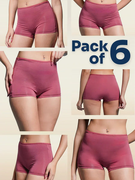 Collage of six images showing red  boyshorts on a beige background with 'Pack of 6' text.
