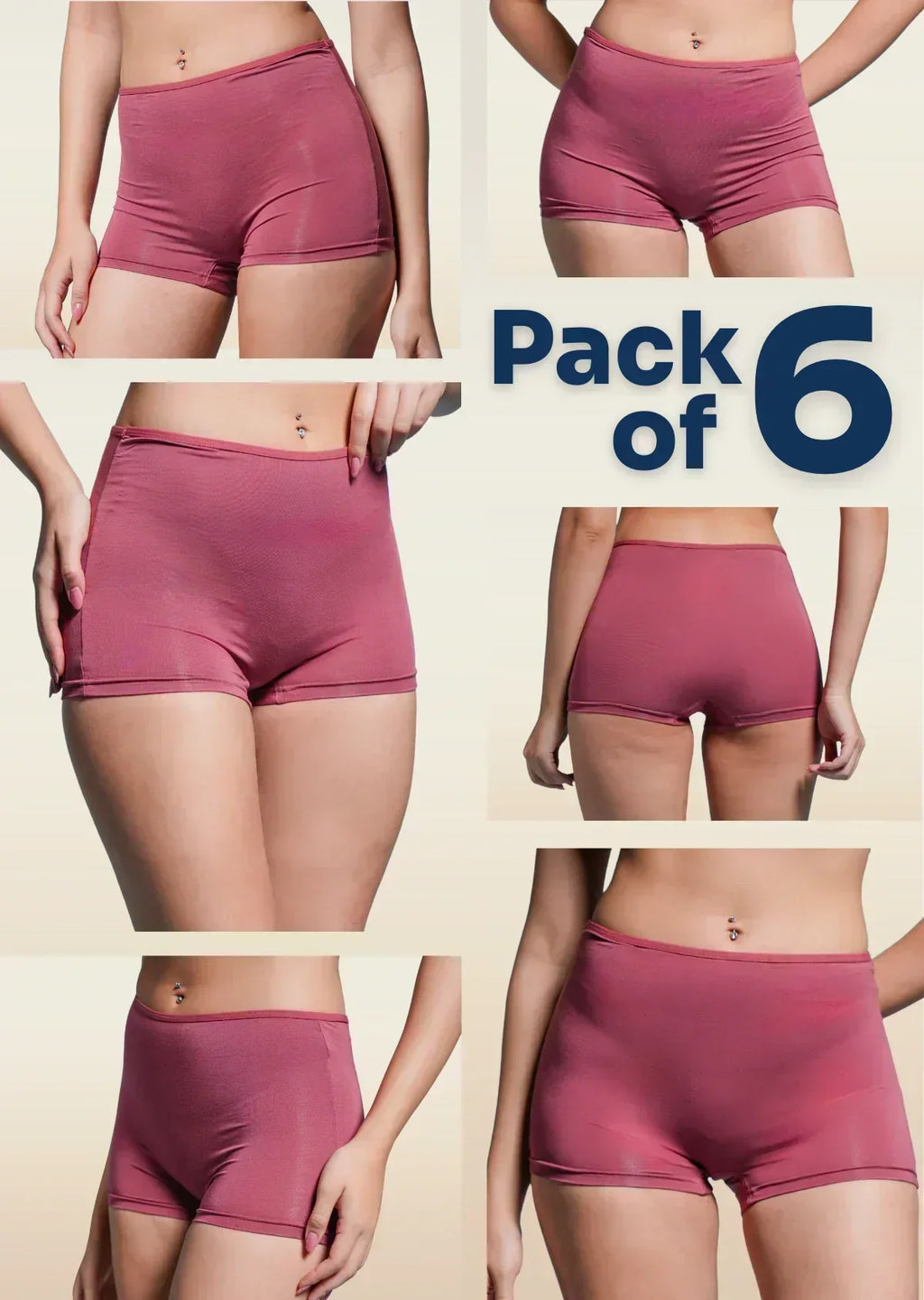Collage of six images showing red  boyshorts on a beige background with 'Pack of 6' text.