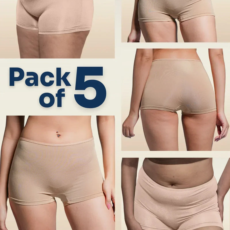 Collage of beige women's boyshorts with 'Pack of 5' text on a beige background