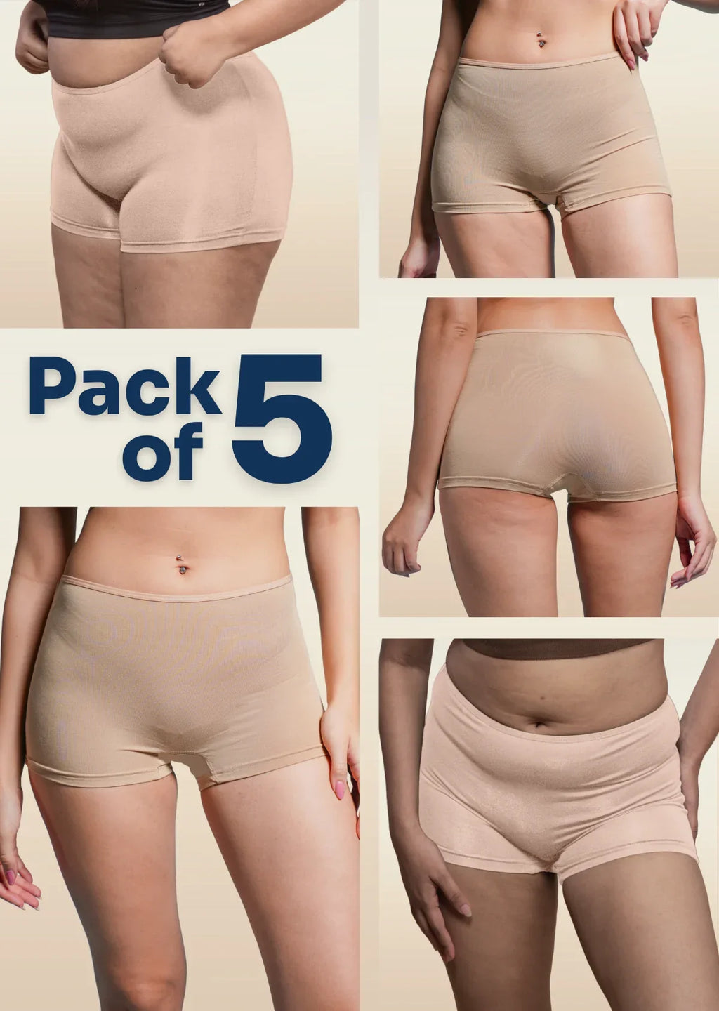 Collage of beige women's boyshorts with 'Pack of 5' text on a beige background