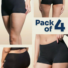 four-panel collage of black boyshorts with a Pack of 4 text overlay on a beige background
