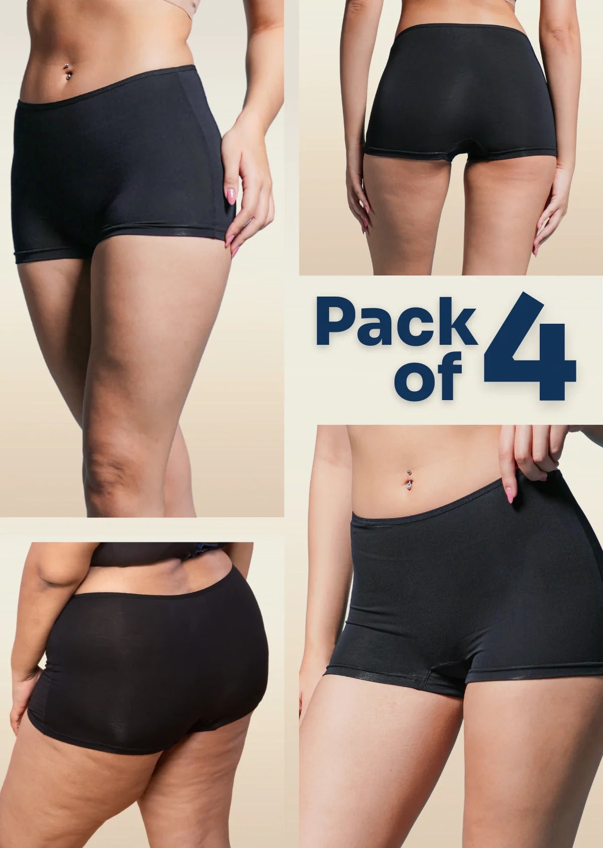 four-panel collage of black boyshorts with a Pack of 4 text overlay on a beige background