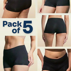 Pack of 5 black boyshorts displayed on a beige background