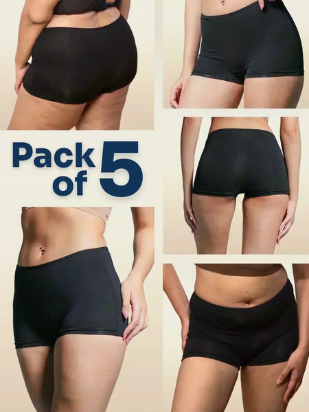 Pack of 5 black boyshorts displayed on a beige background