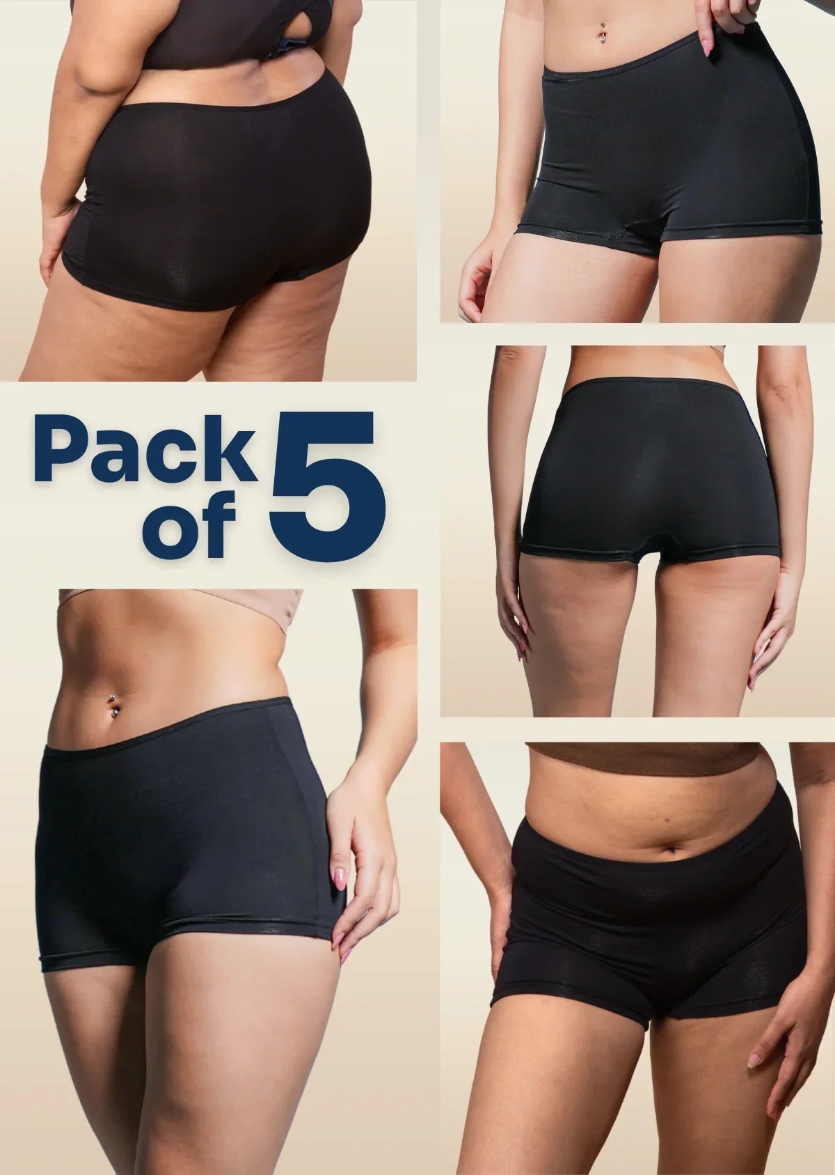 Pack of 5 black boyshorts displayed on a beige background