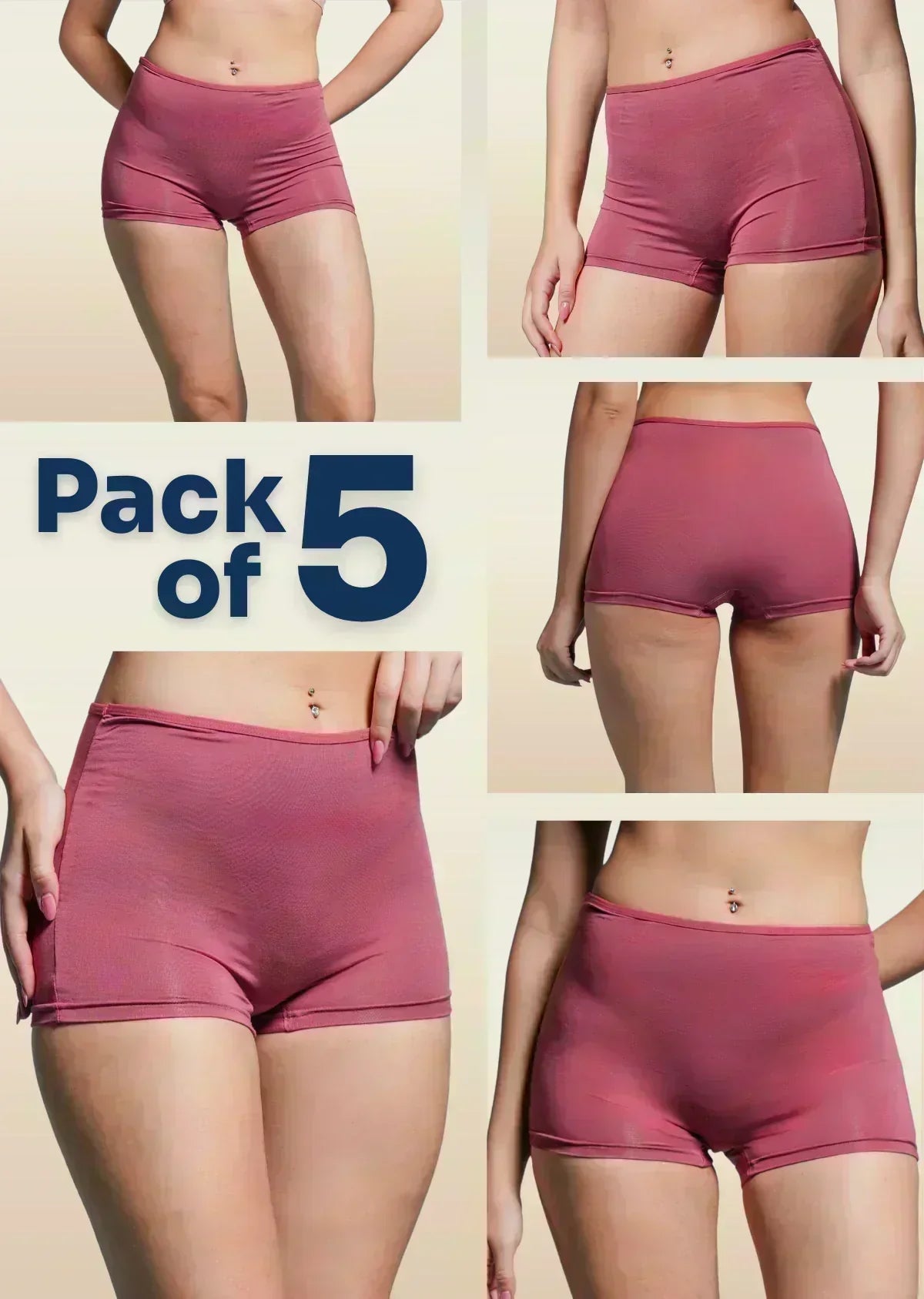 Pack of 5 pink shorts displayed in a collage on a beige background