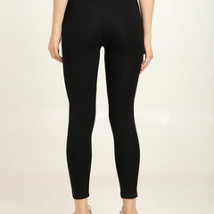 Back view of women's high-waist bamboo yoga pants in black, showcasing soft fabric and sleek design.