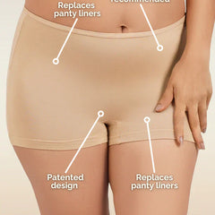 Beige women's boyshorts with labeled features on a beige background